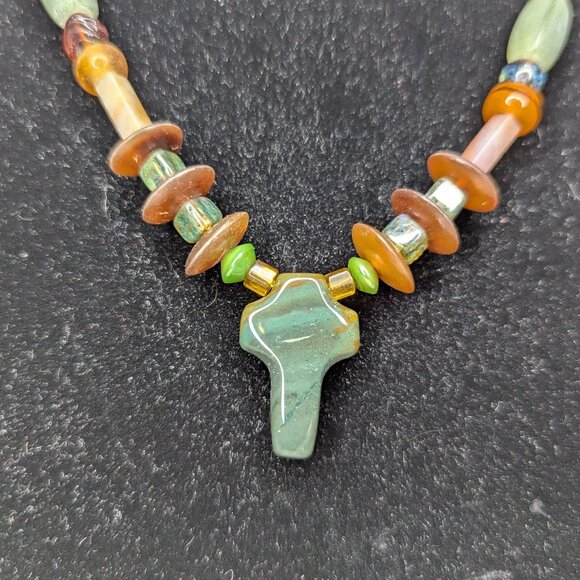 Multicolor Stone Beaded Necklace with Cross Pendant Hook Closure - Picture 2 of 11